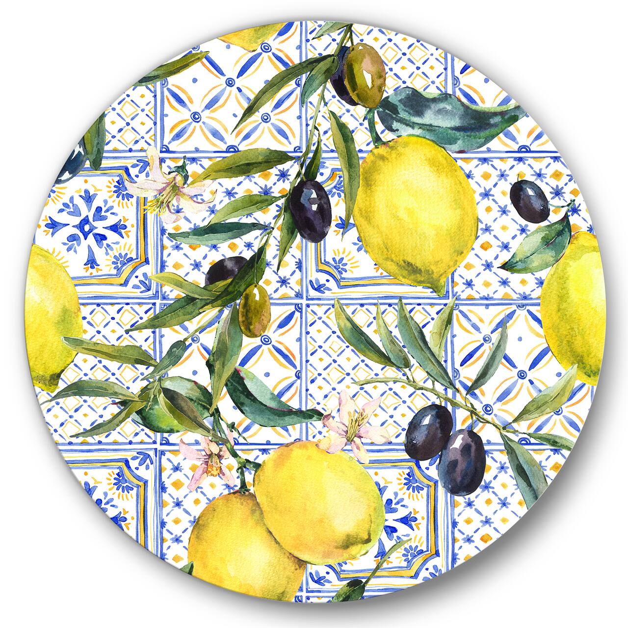 Designart - Lemon Ornament On Blue Geometrical Pattern III - Tropical Metal Circle Wall Art